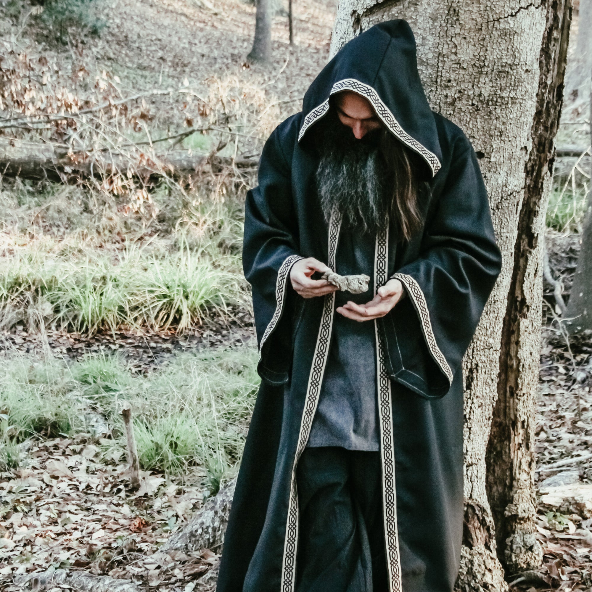 medieval celtic robe hooded jacquard trim sleeves Wizard Warlock Fantasy Renaissance costume cosplay LARP