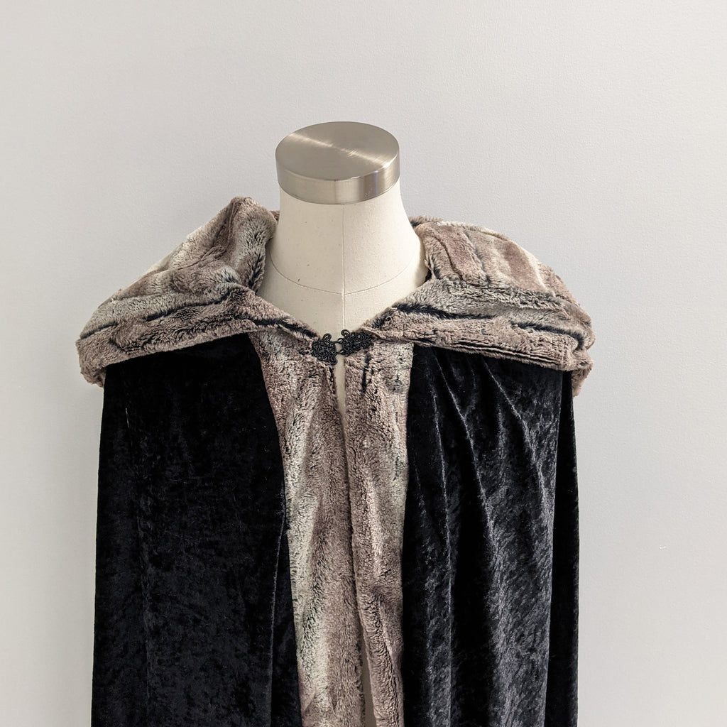 Black Faux Fox Fur Hooded Cloak Medieval