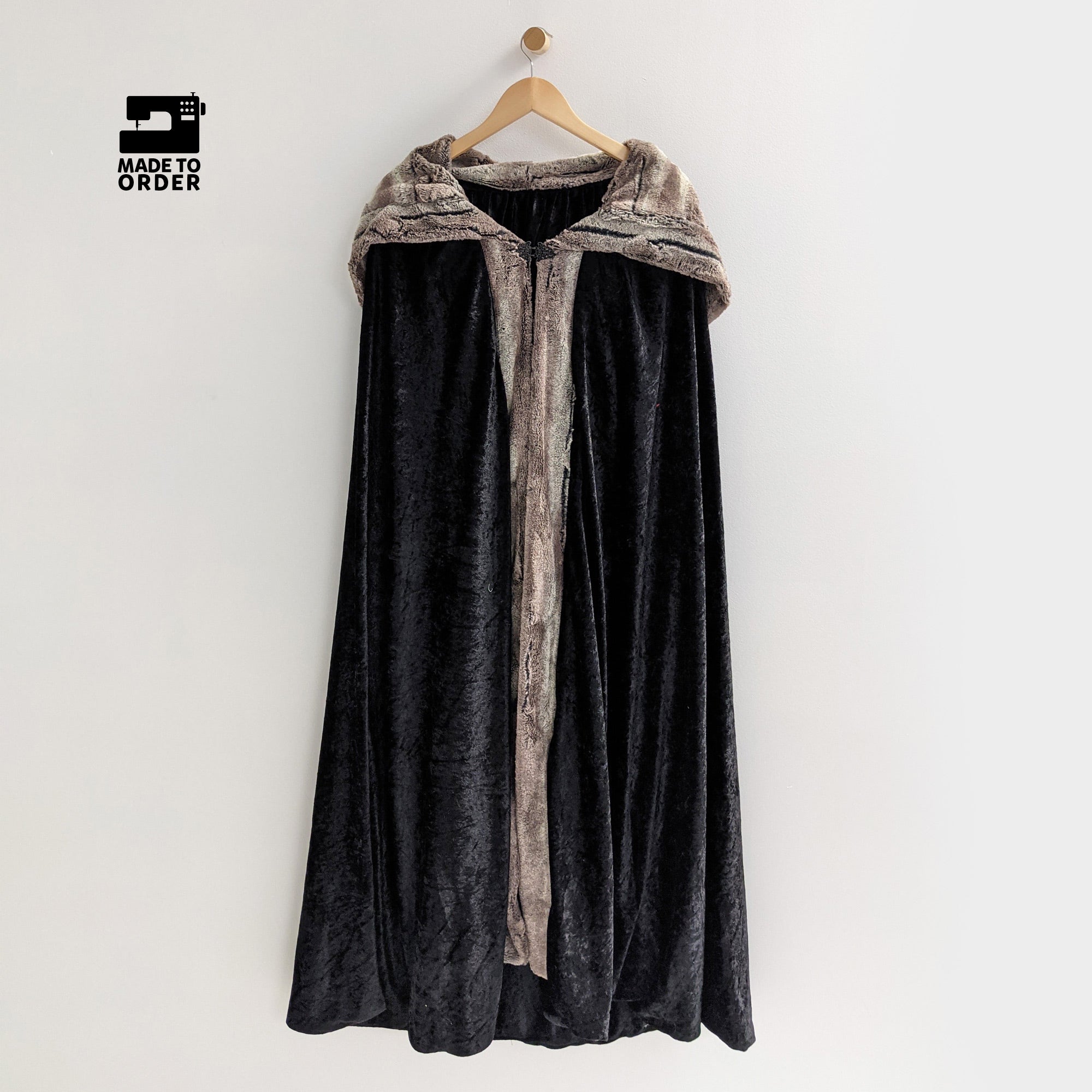 Faux Fox Fur Hooded Cloak - Black Cloak with Pewter Fur | Medieval, Barbarian, Viking, Renaissance Costume Cape for Cosplay and LARP