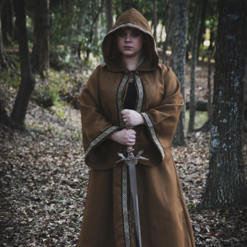 medieval celtic robe hooded jacquard trim sleeves Wizard Warlock Fantasy Renaissance costume cosplay LARP