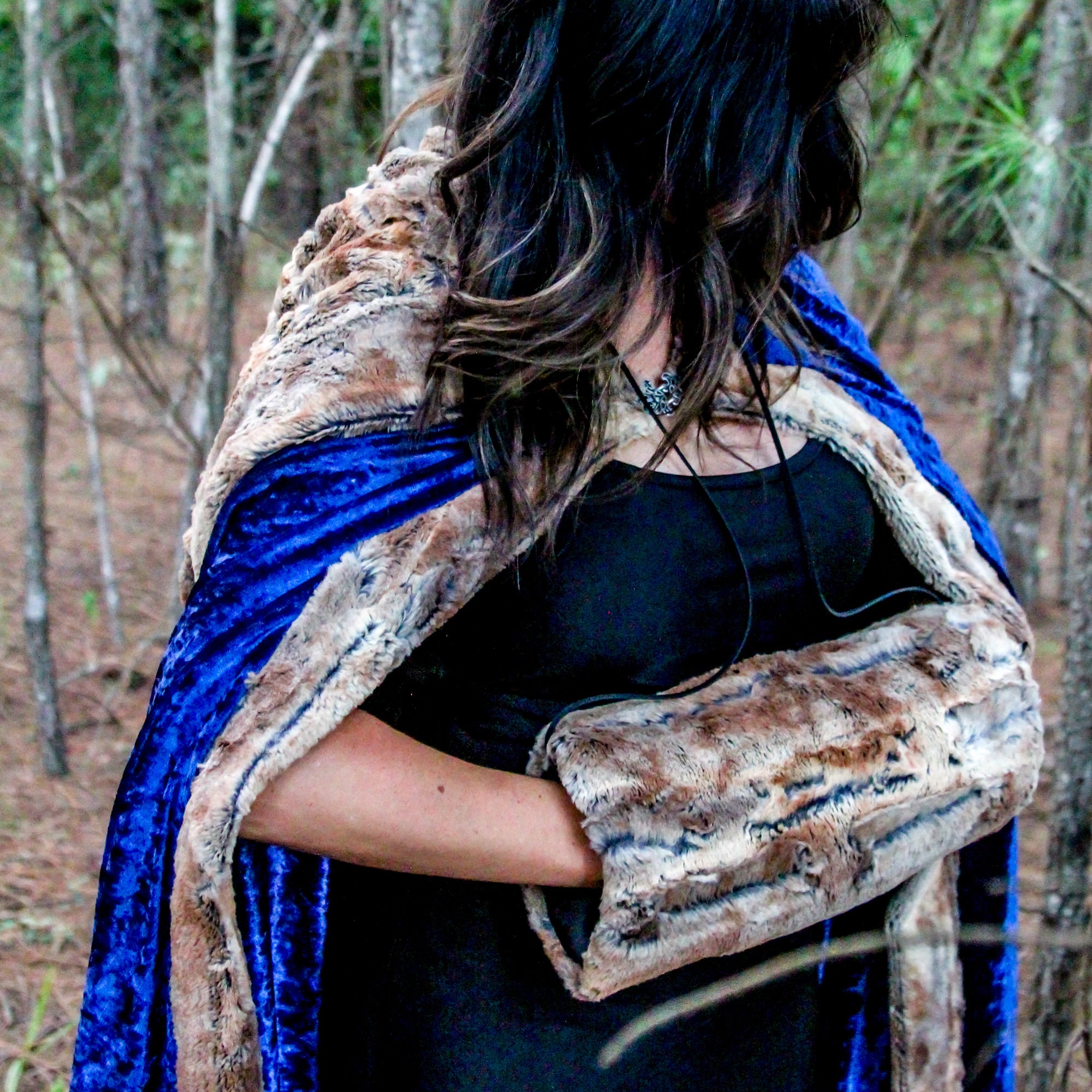 Navy Blue Fox Fur Trim Hooded Cloak Hand Muff