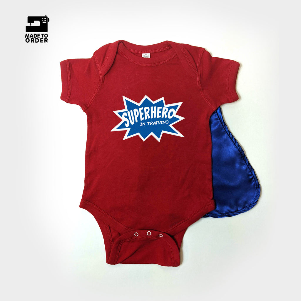 everfan baby snapsuit onesie superhero in training cape red