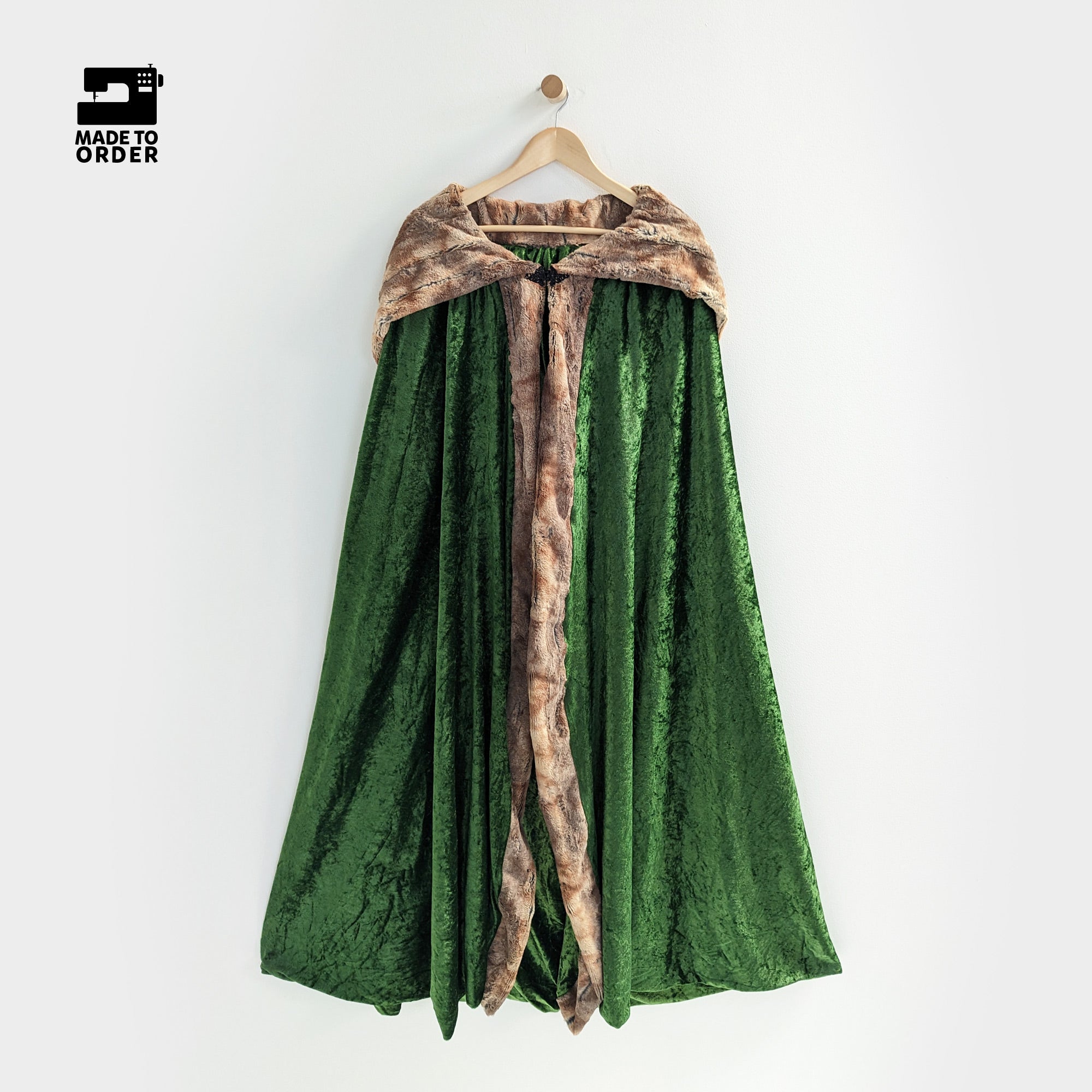 green faux fur hooded cloak medieval cosplay