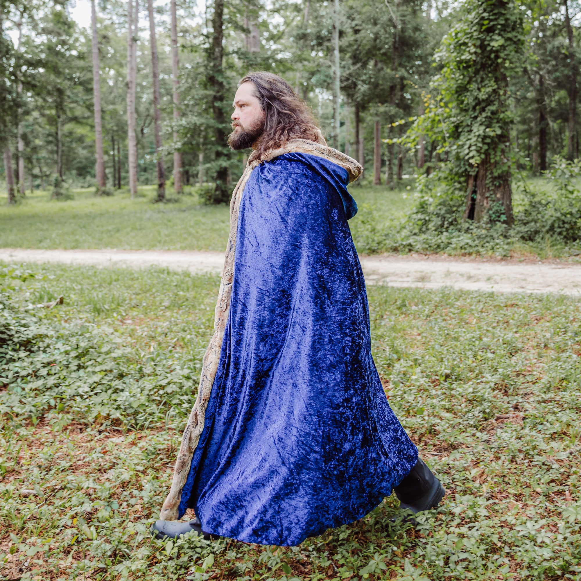 Navy Blue Faux Fox Fur Hooded Cloak medieval