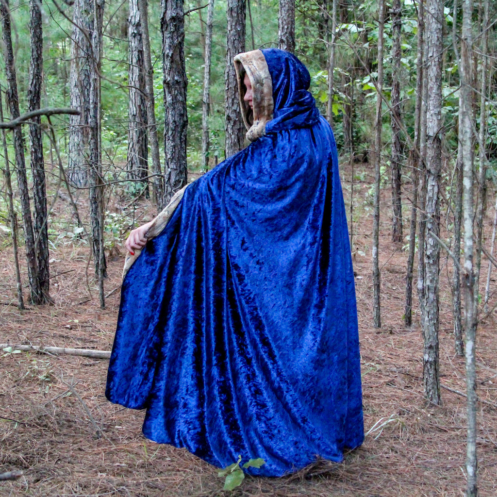 Faux Fox Fur Trimmed Hooded Cloak - Navy Cloak with Red Fox Fur | Medieval, Barbarian, Viking Costume Cape for Cosplay and LARP
