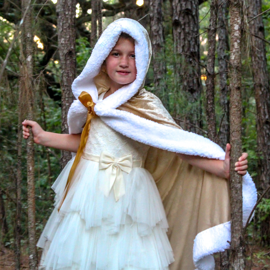 Kids Princess Hooded Cloak | Royal Medieval Velour Wedding Cape with Hood, Satin Ribbon Tie, and White Sherpa Faux Fur Trim
