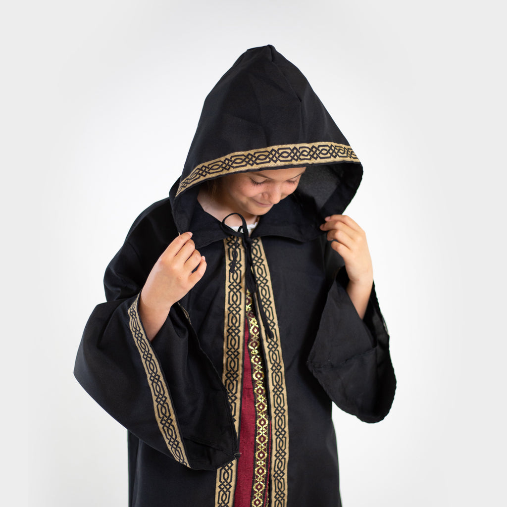 medieval celtic robe hooded jacquard trim sleeves Wizard Warlock Fantasy Renaissance costume cosplay LARP