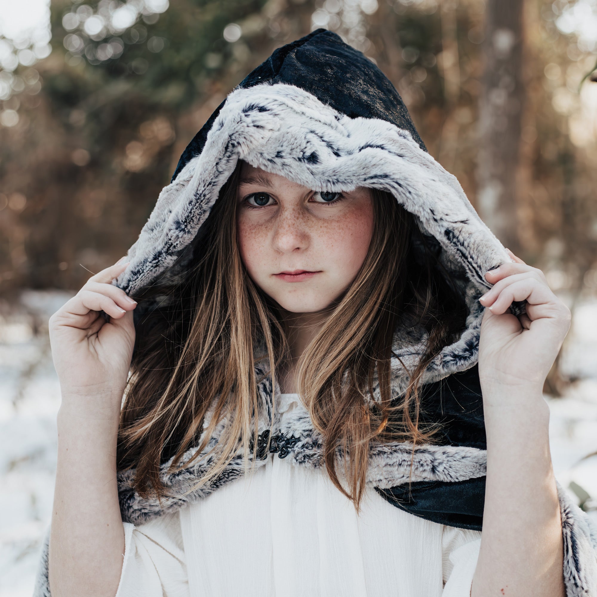 Faux Fox Fur Hooded Cloak - Black Cloak with Pewter Fur | Medieval, Barbarian, Viking, Renaissance Costume Cape for Cosplay and LARP