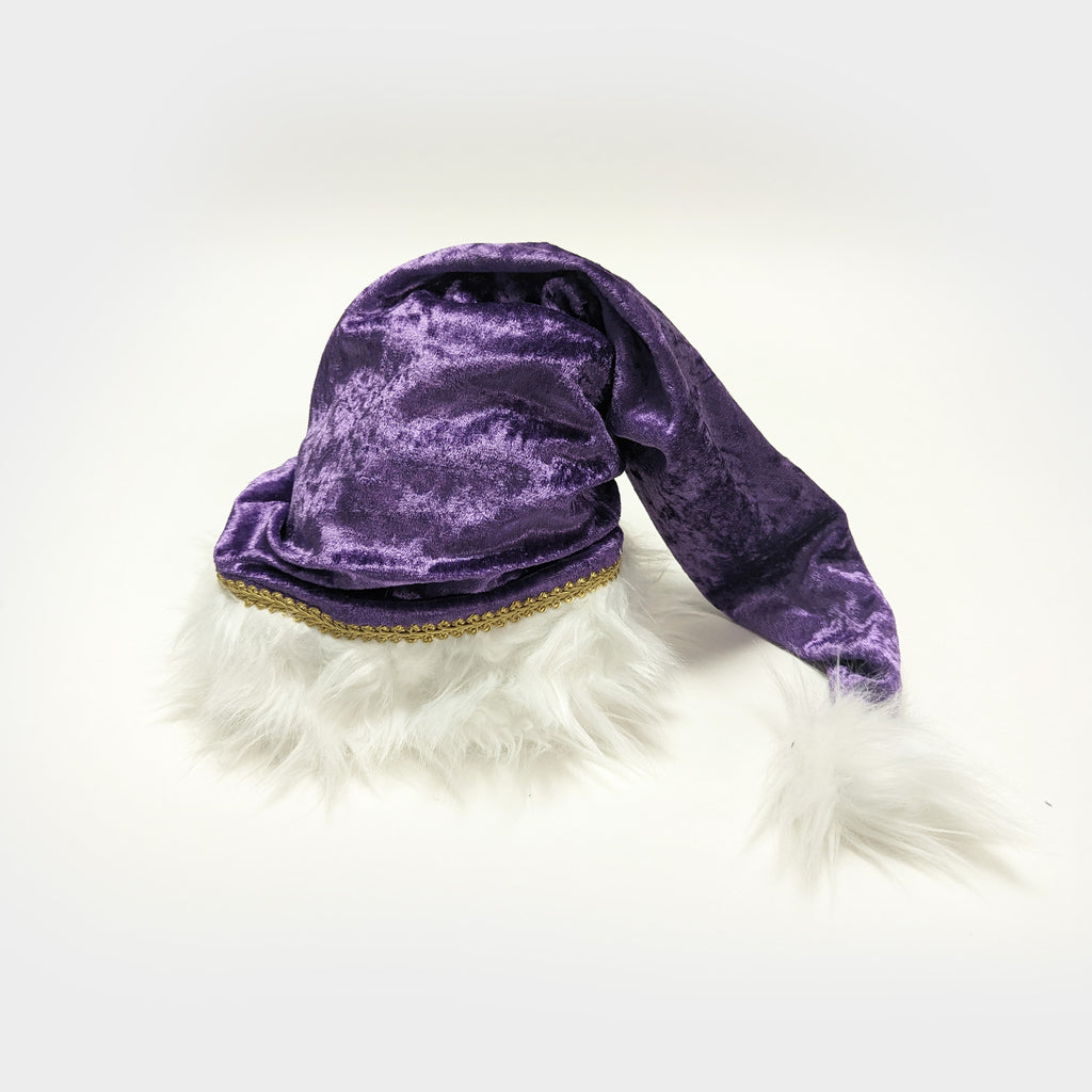 Purple Crushed Velvet Velour Santa Hat with Fur Trim