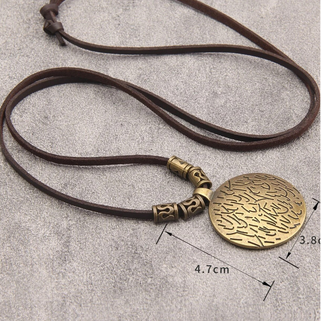 Vintage MEdieval Nordic Viking Pendants Necklaces, Brown Leather Necklace For Best Friend ,Legendary Medieval Gold Round Pendant Men Jewelry