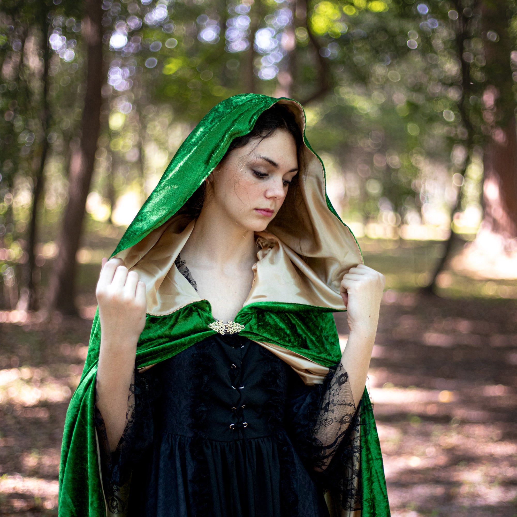 Deluxe Willow Green Velour Cloak With Satin Liner and Large Hood Small (Kids