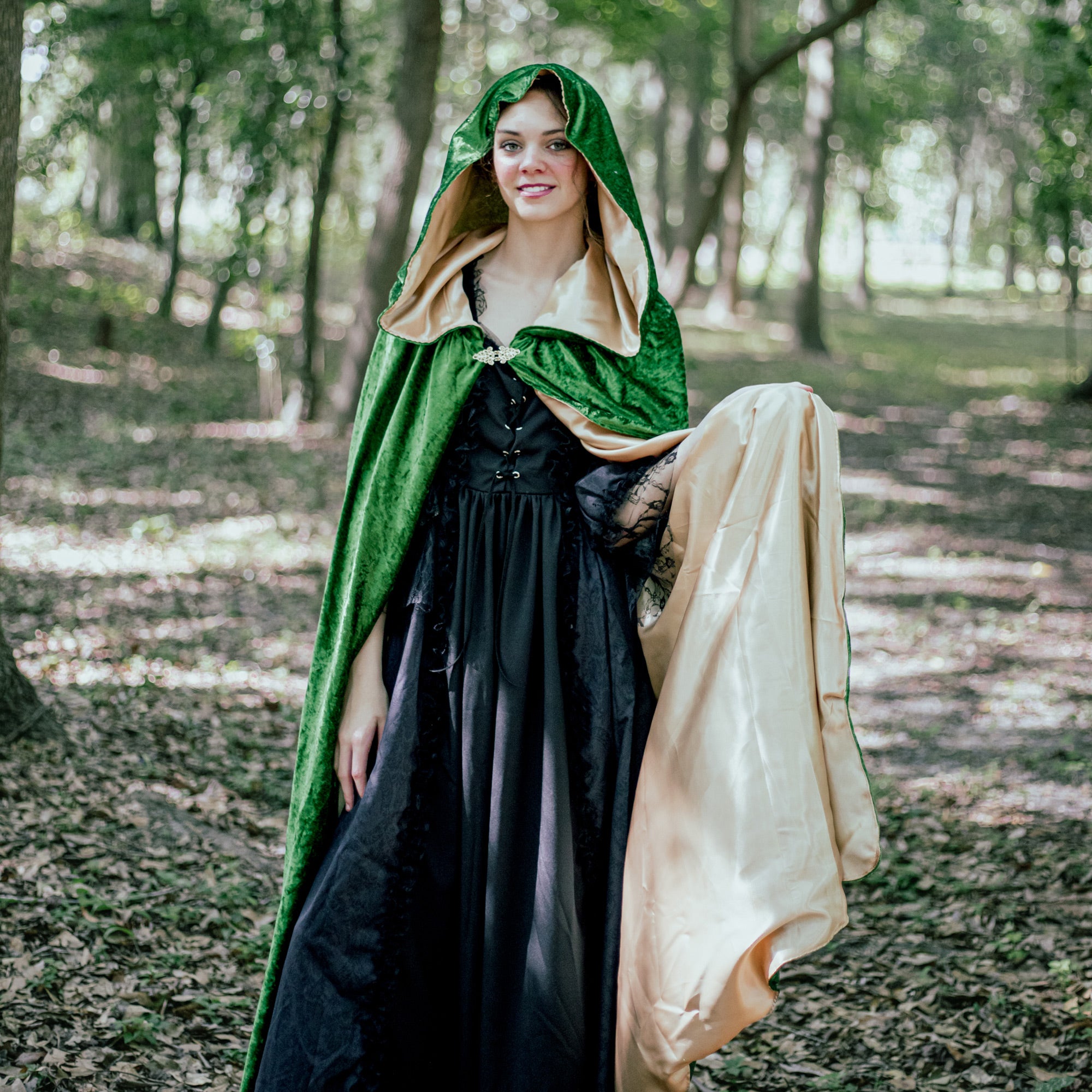 Deluxe Willow Green Velour Cloak With Satin Liner and Large Hood Small (Kids