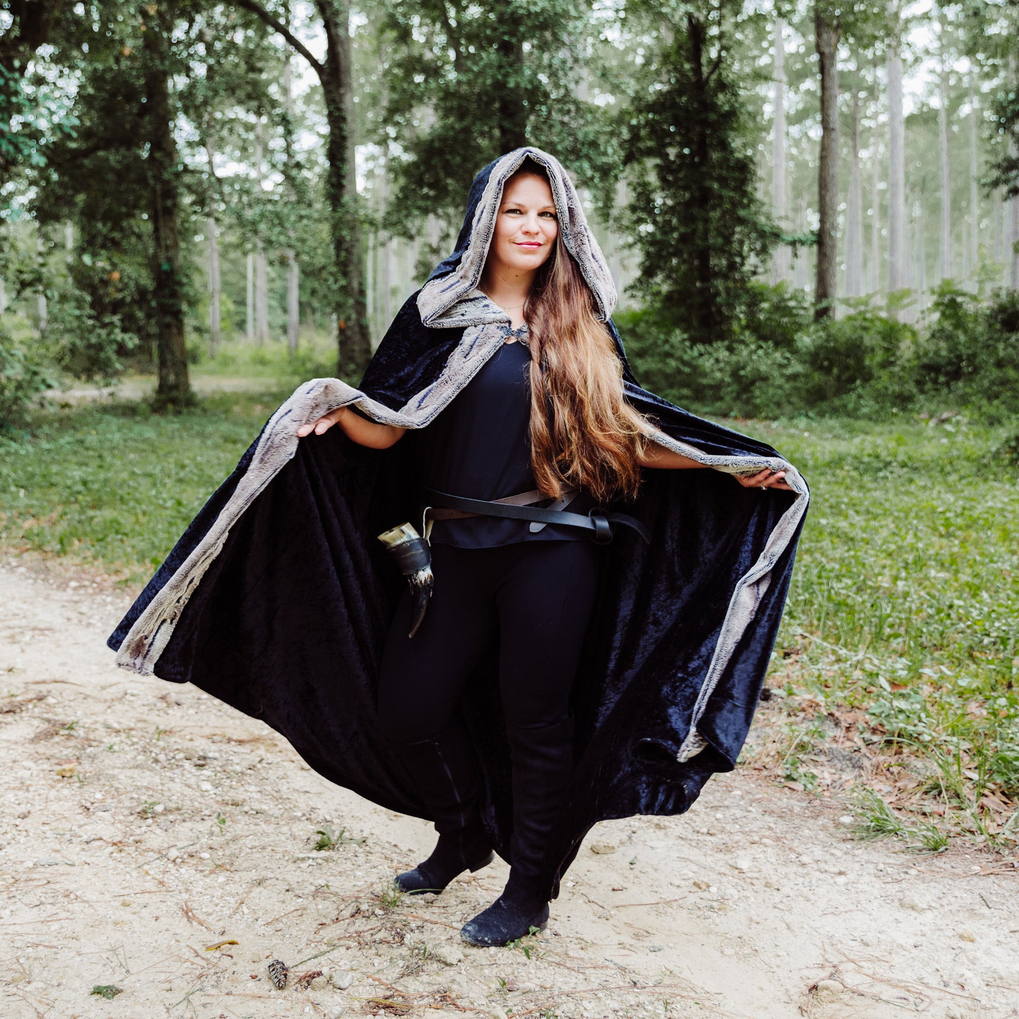 Black Faux Fox Fur Hooded Cloak Medieval
