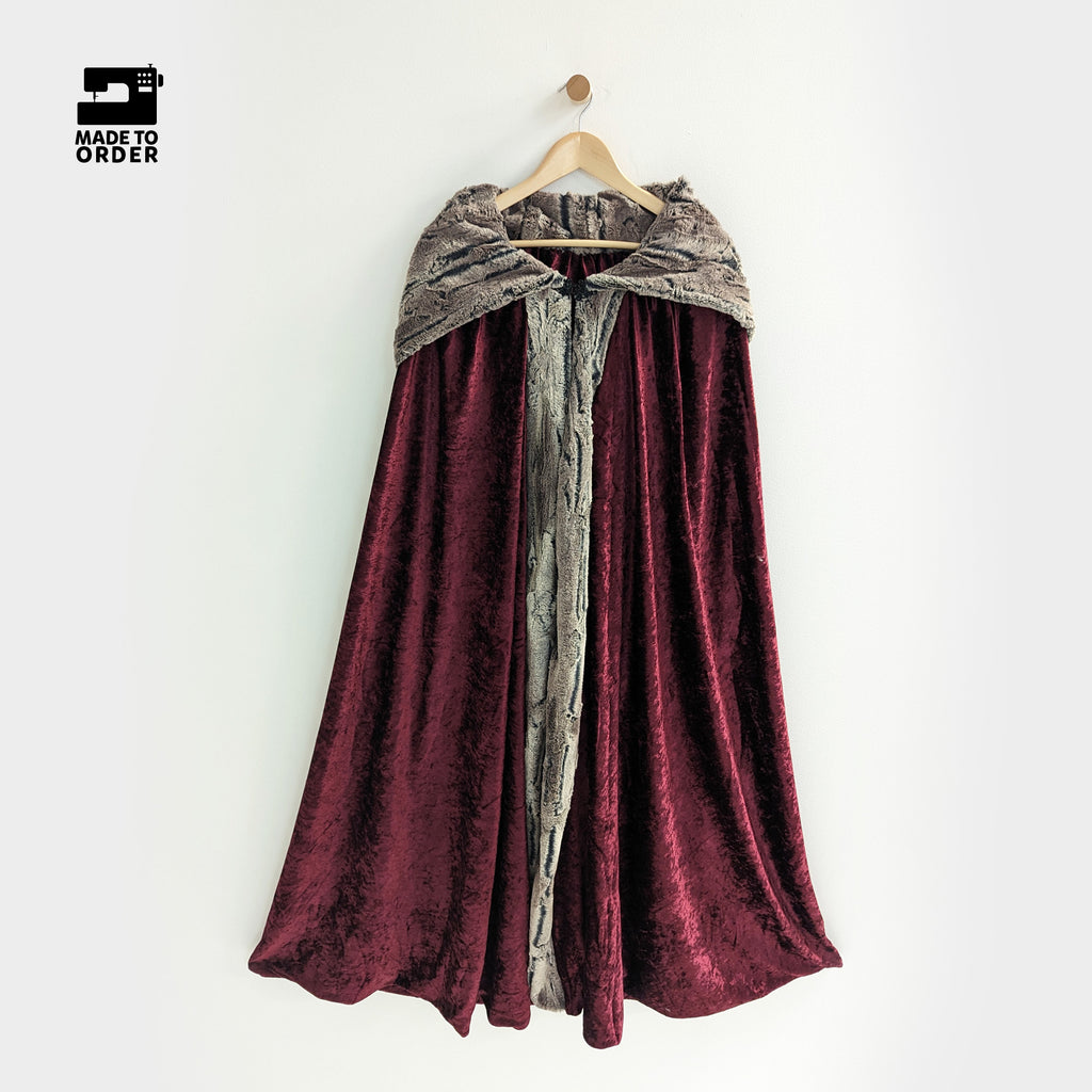 burgundy faux fox fur hooded cloak medieval cosplay