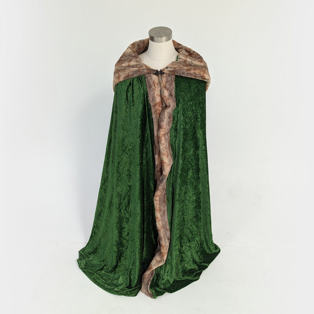 green faux fur hooded cloak medieval cosplay