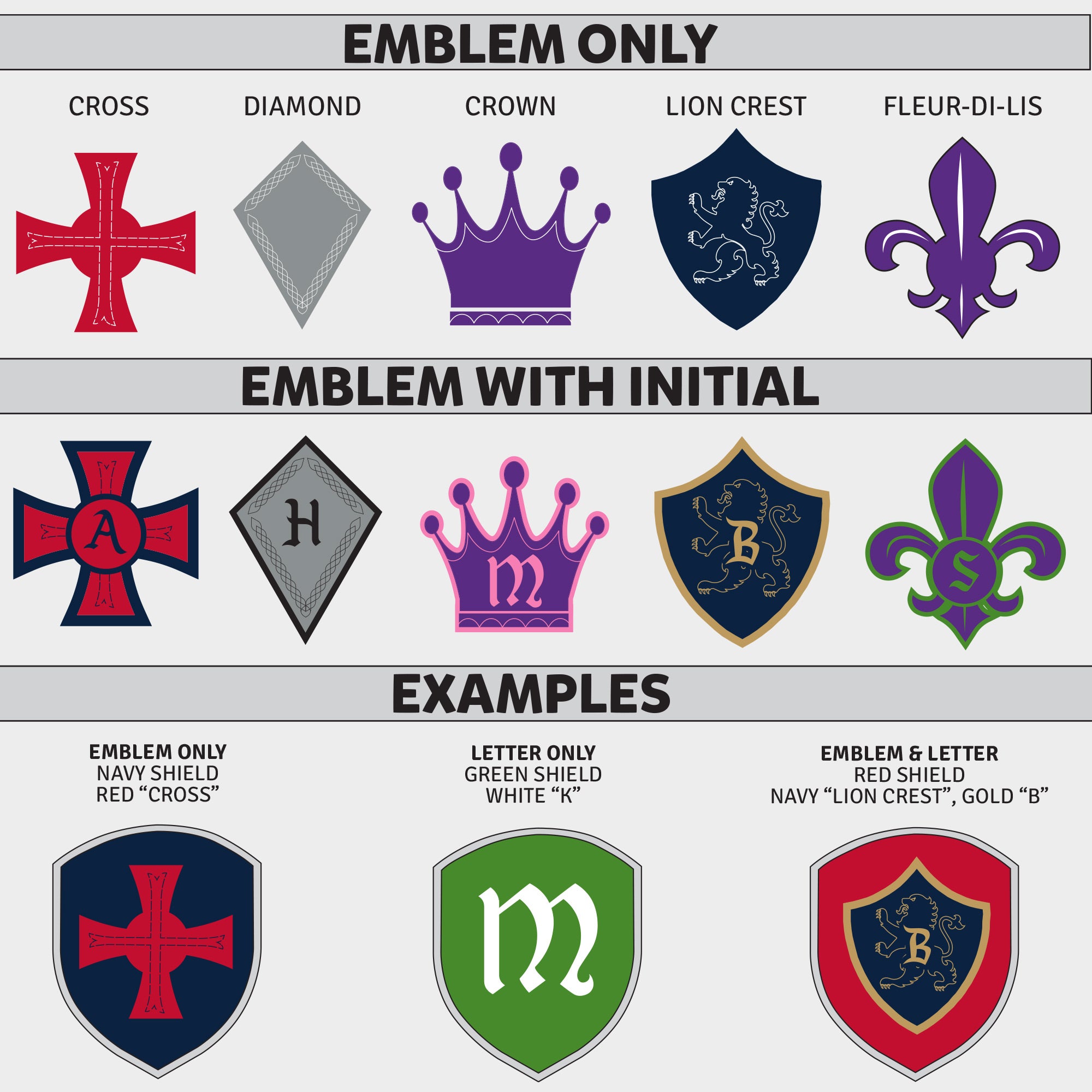 Medieval Shield Knight Gladiator Old World Cross Lion Crest Diamond Crown Fleur de Lis Personalized