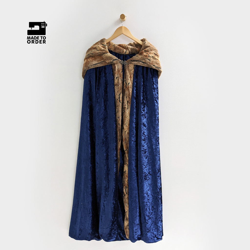 Navy Blue Faux Fox Fur Hooded Cloak medieval
