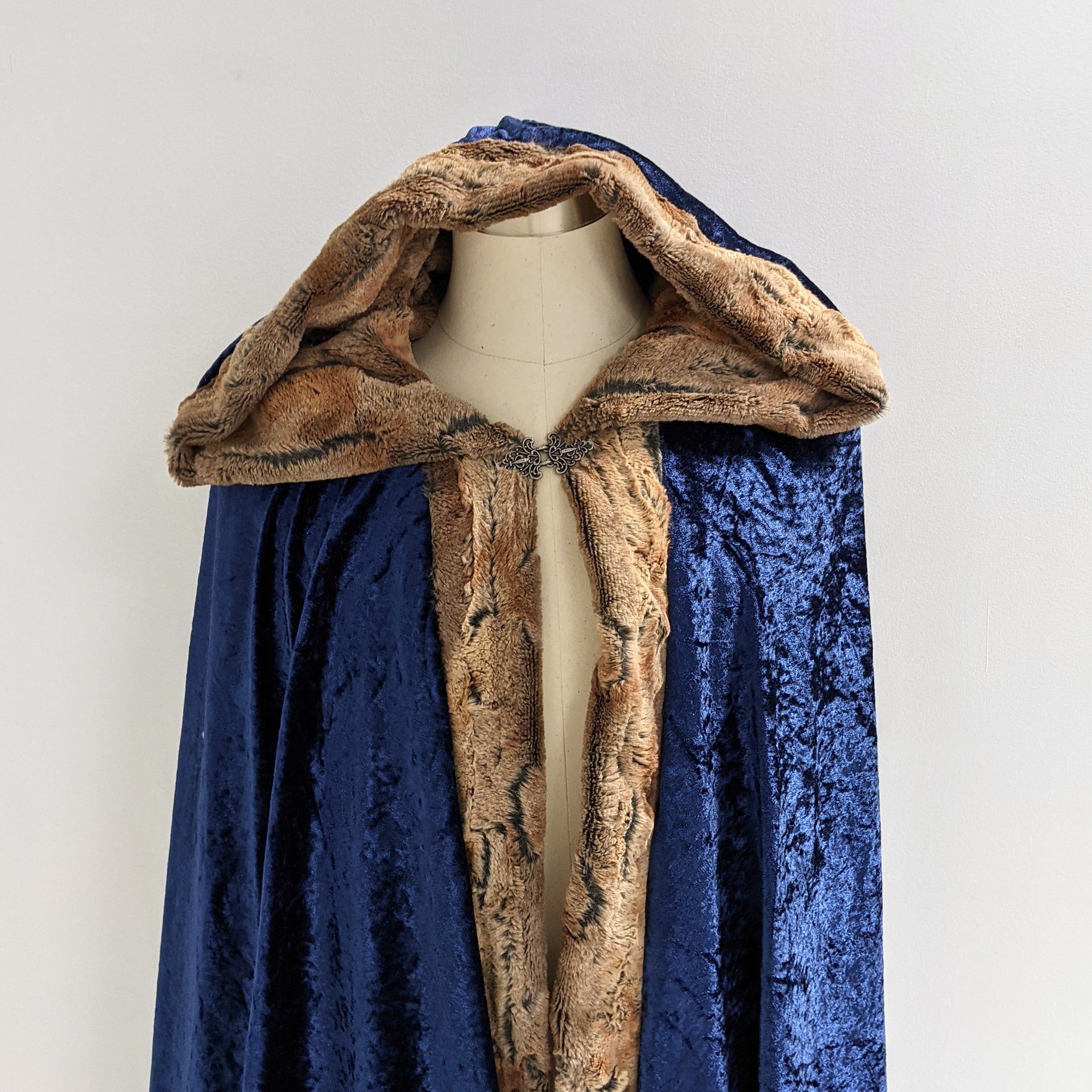 Navy Blue Faux Fox Fur Hooded Cloak medieval