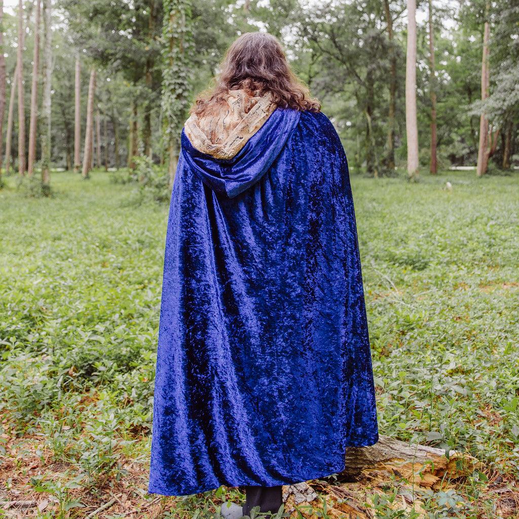 Navy Blue Faux Fox Fur Hooded Cloak medieval