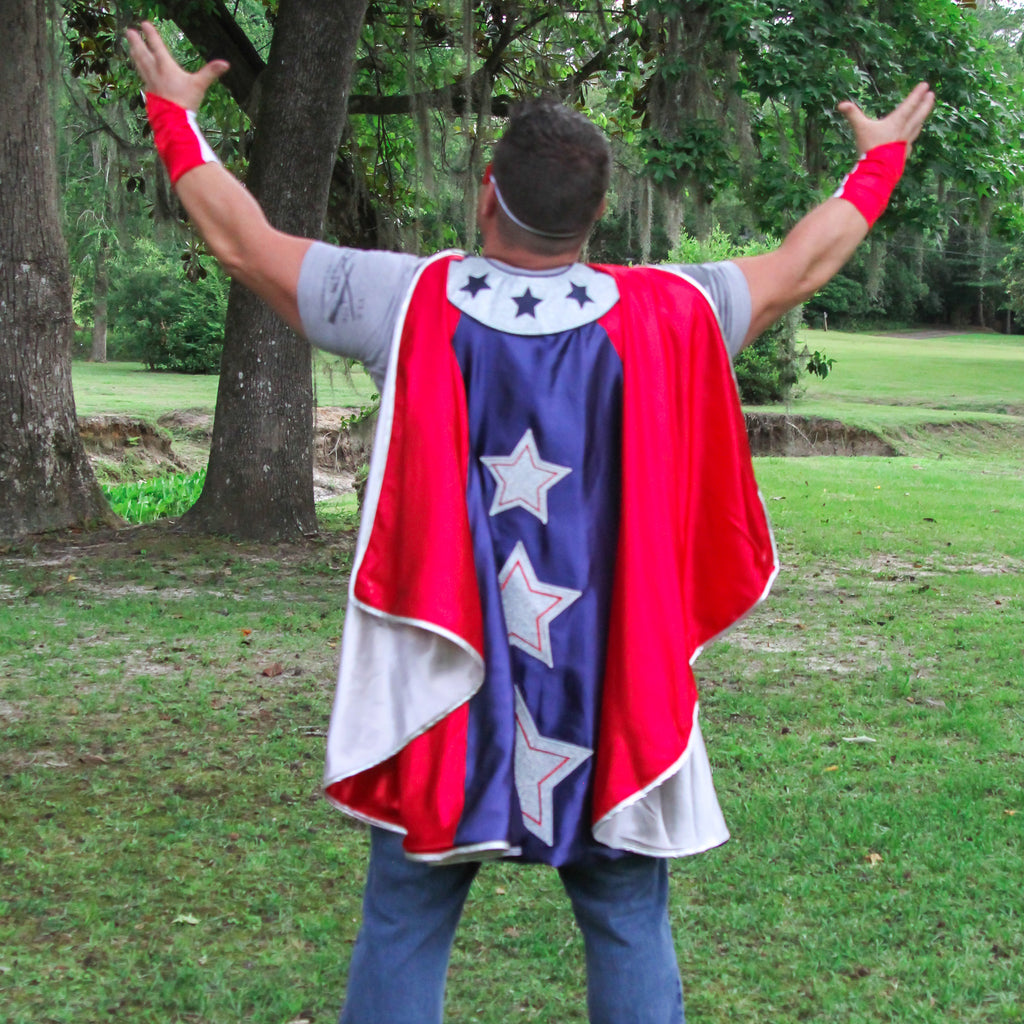Patriotic Superhero Cape 4th of July Red White Blue Stars USA America Evel Knievel Hero Cape