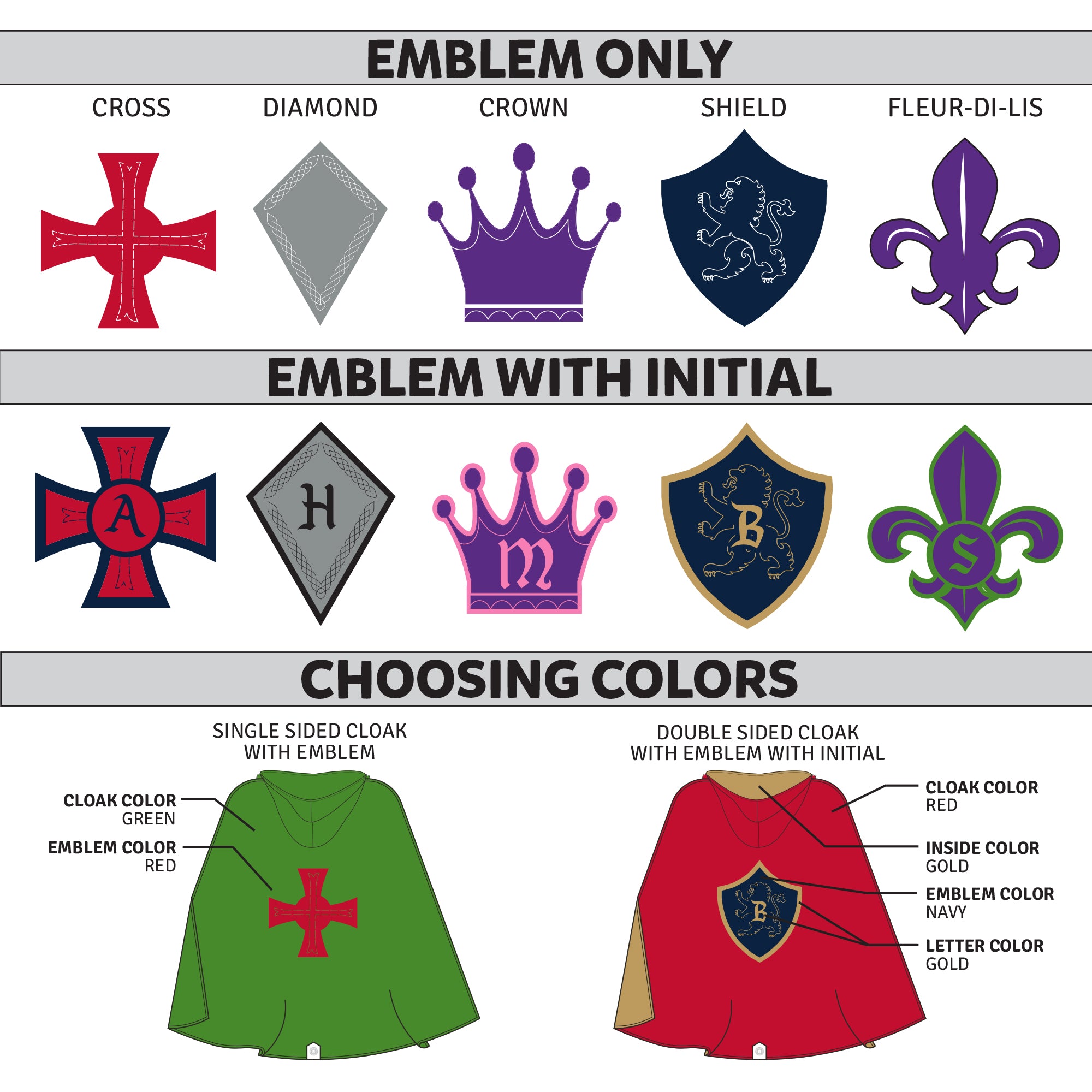 Personalized Medieval Hooded Cloak Knight Gladiator Old World Cross Lion Crest Diamond Crown Fleur de Lis