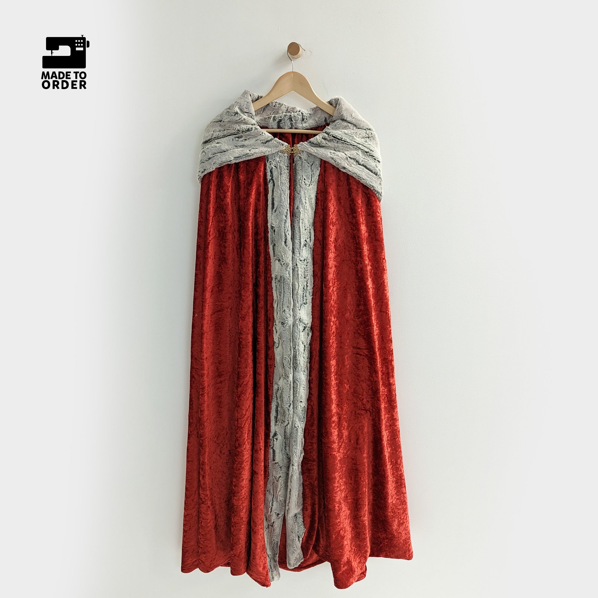 red hooded cloak faux silver fox fur trim medieval barbarian viking cosplay