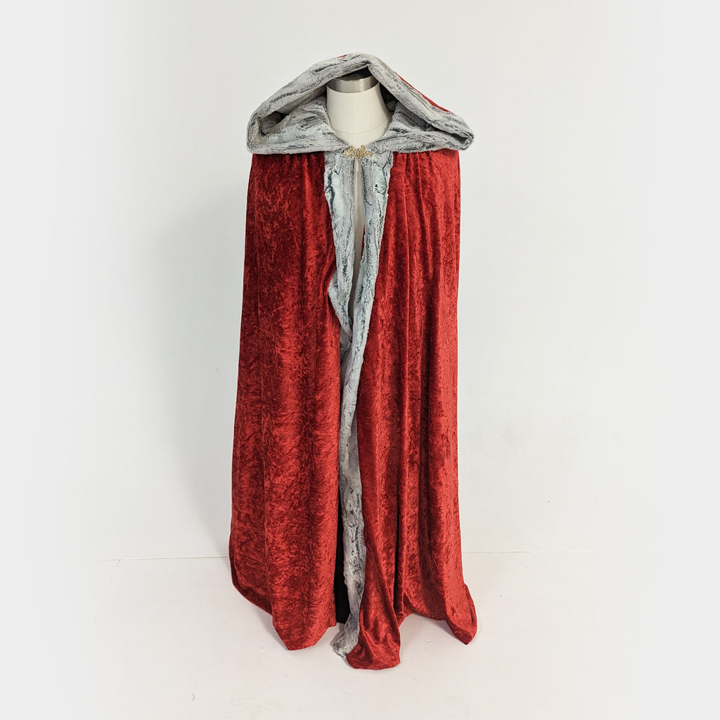 red hooded cloak faux silver fox fur trim medieval barbarian viking cosplay