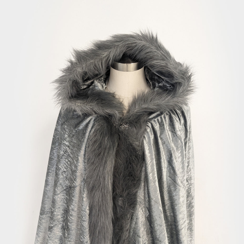 silver cloak large hood fur trim medieval cosplay