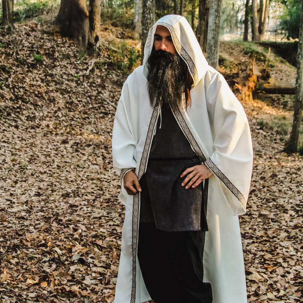 medieval celtic robe hooded jacquard trim sleeves Wizard Warlock Fantasy Renaissance costume cosplay LARP