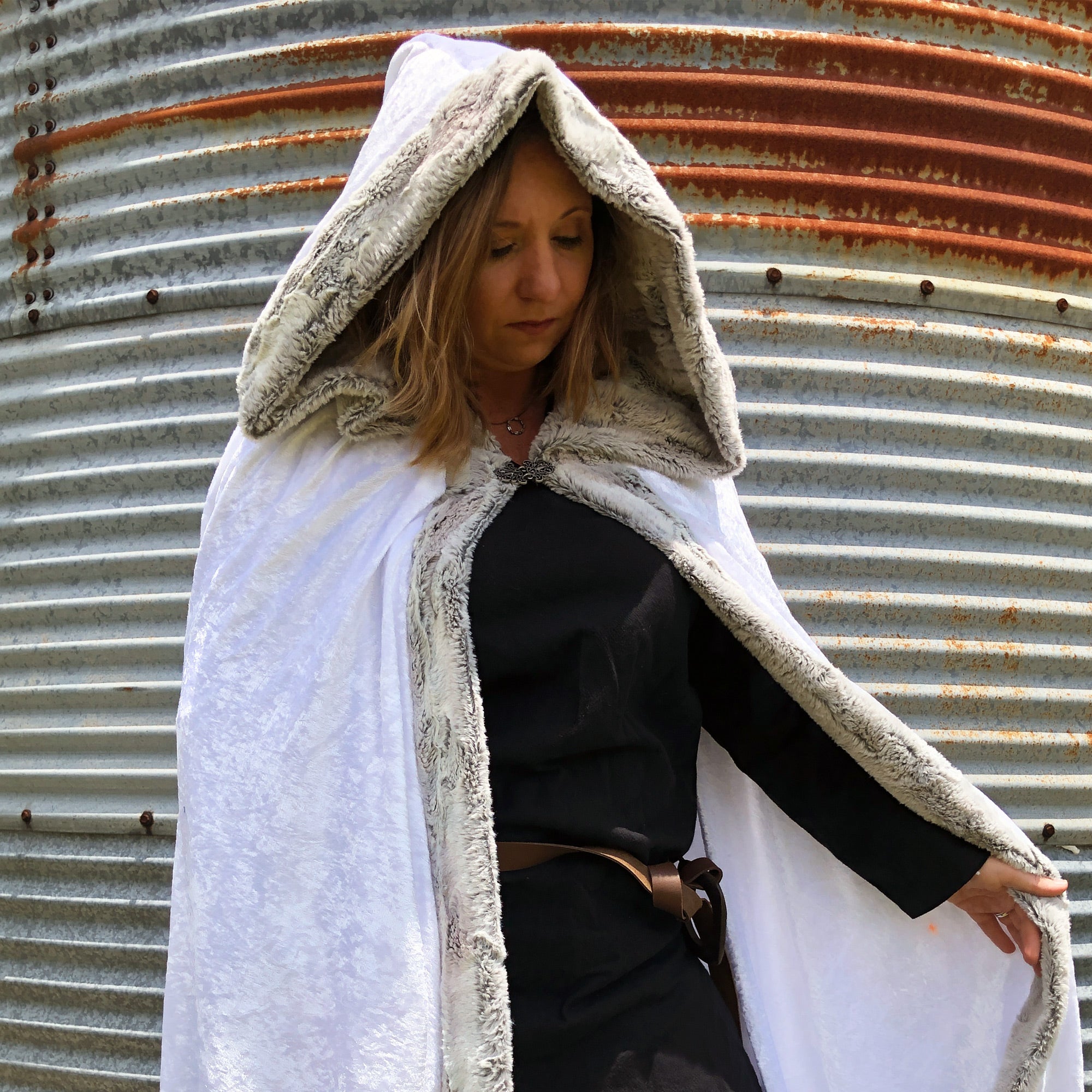 White Faux Fox Fur Hooded Cloak Medieval