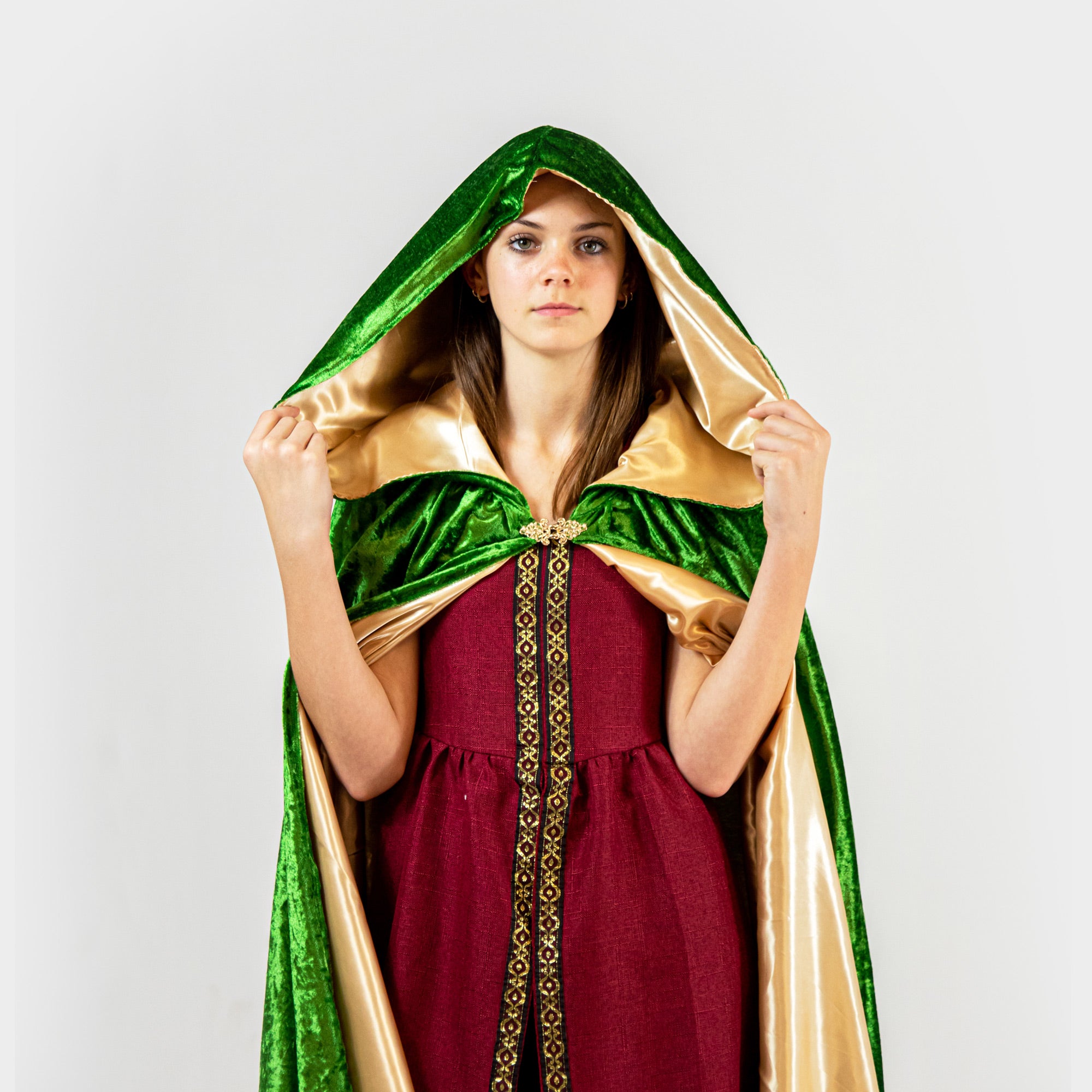 Deluxe Willow Green Velour Cloak With Satin Liner and Large Hood Small (Kids - 30" long) Deluxe Willow Green Velour Cloak With Satin Liner and Large Hood Small (Kids - 30" long)