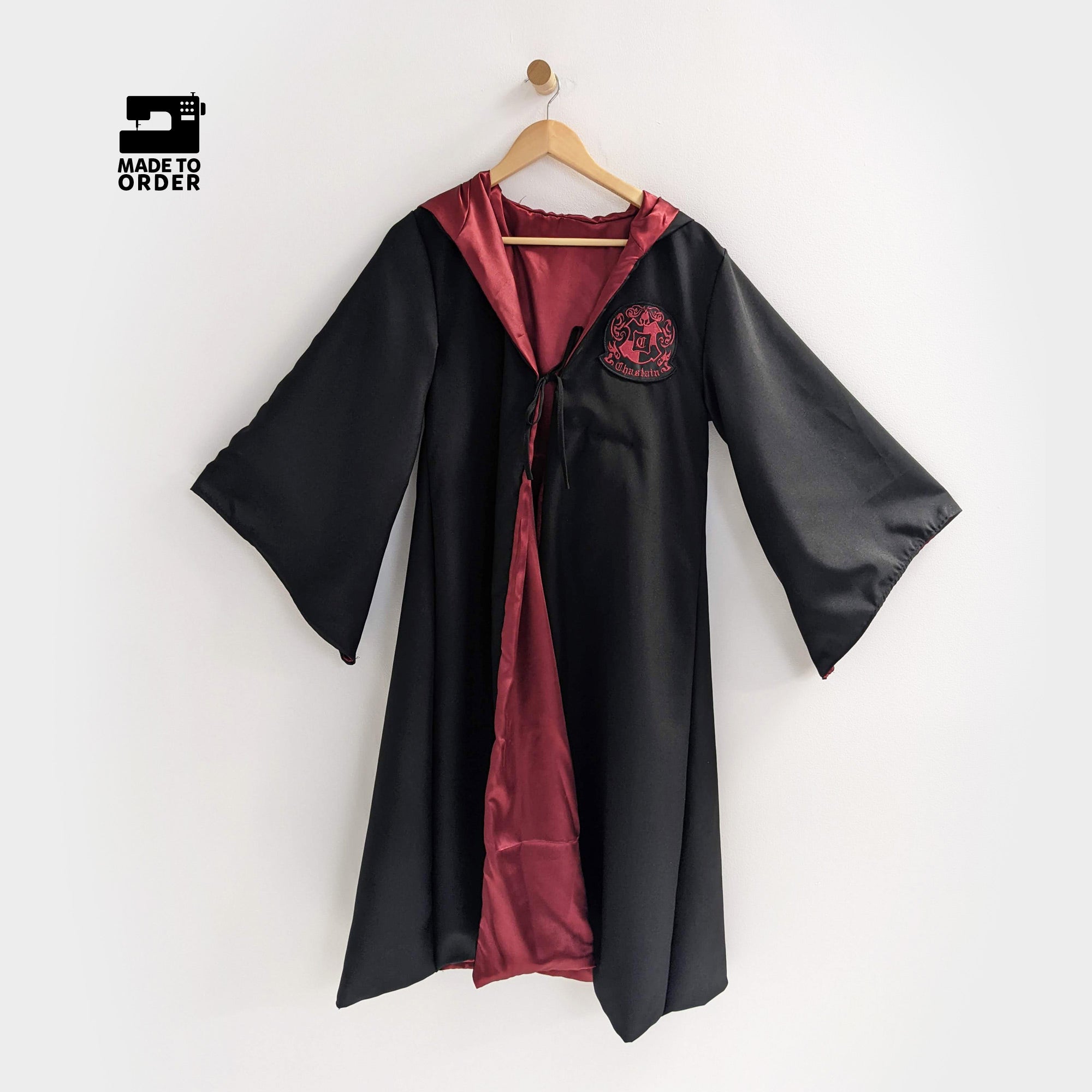 Black Wizard Robe Burgundy Harry Potter Witch Pagan Hogwarts Hermoine rensaissance Gryffindor Slytherin Ravenclaw Hufflepuff Custom Patch